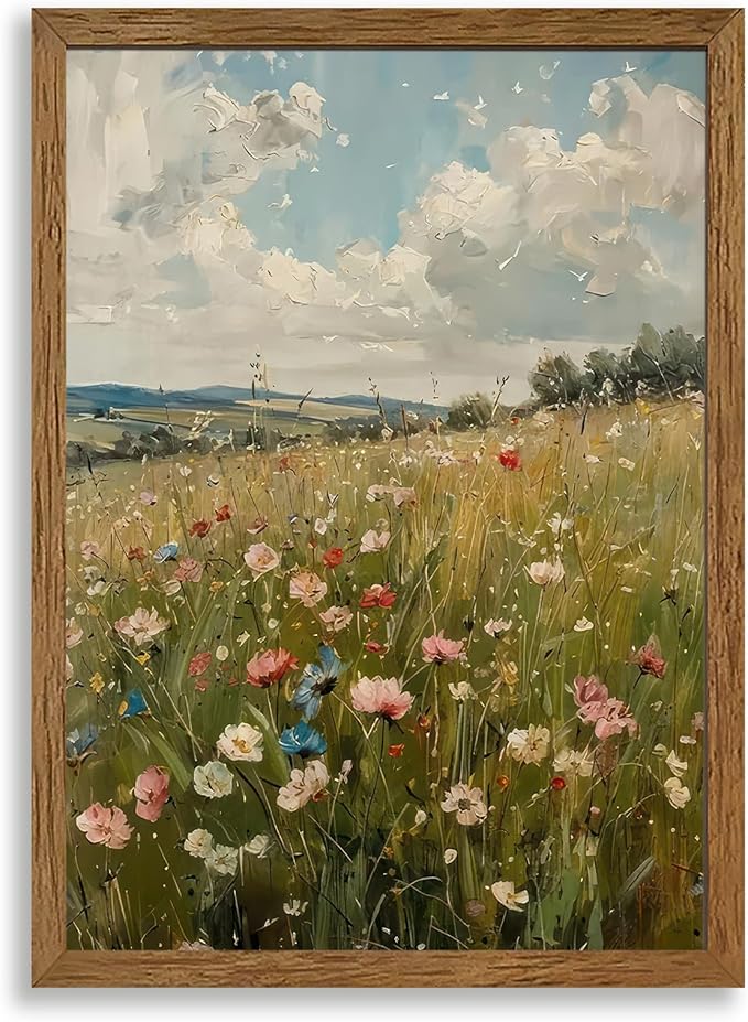 AVECCO Vintage Peaceful Wildflower Canvas Wall Art, Nature Floral Artwork Landscape Wall Decor, Colorfu Botanical Art Prints for Bedroom Living Room Office Home Decoration 16x24 Inches Wood Framed