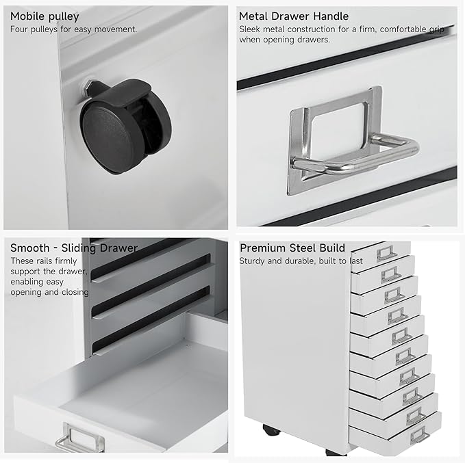 File Cabinet MINI 10 Tier Metal File Organizer Document Organizer with Wheel, White Color, for Home Office, Office Desk File (White)