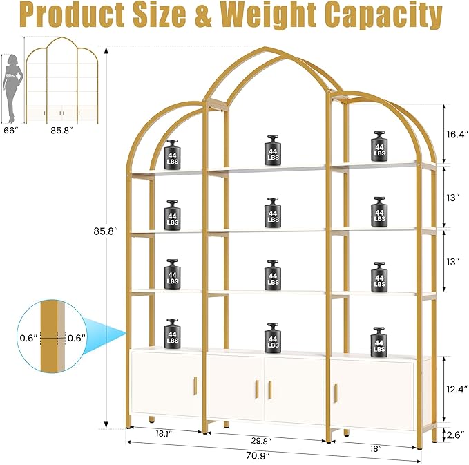 86" Gold Bookshelf, Triple Wide 5 Tier Arched Bookshelves & Bookcases with Storage, Large Modern Metal Book Shelf Stand for Bedroom/Living Room/Office Display Shelves, White & Gold