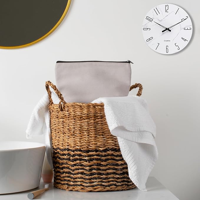Glass Wall Clock White Marble Theme - 14" Battery Operated Silent Non-Ticking Quartz Modern Farmhouse Decor Round Clock for Home, Bathroom, Kitchen