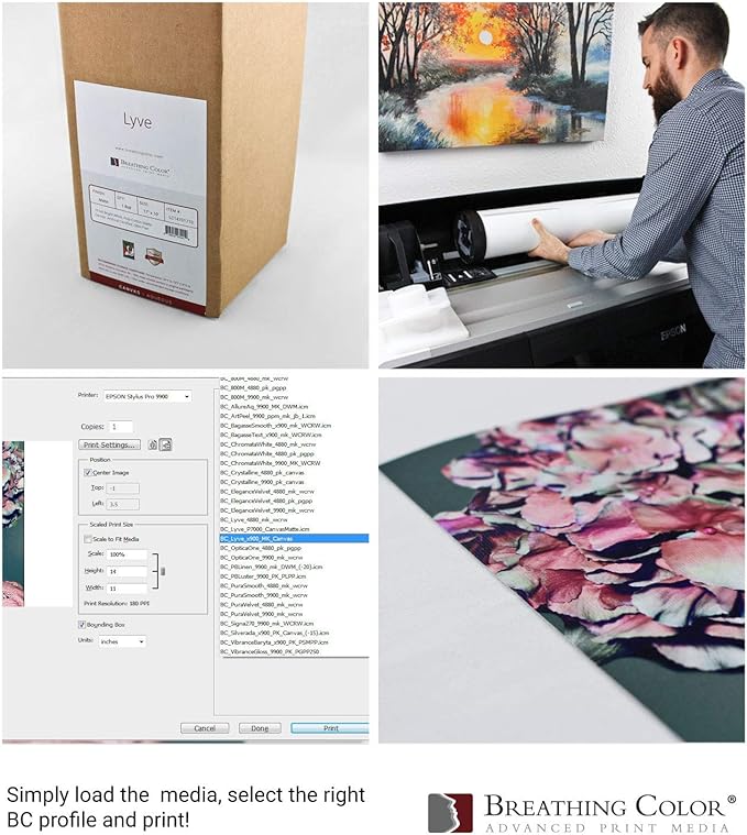 Premium Lyve Matte Canvas Paper Perfect For Use on Professional Makes and Models of Epson, Canon and HP printers preferred by Professionals. 19 mil textured Canvas offered in a 42 inch by 40 ft roll