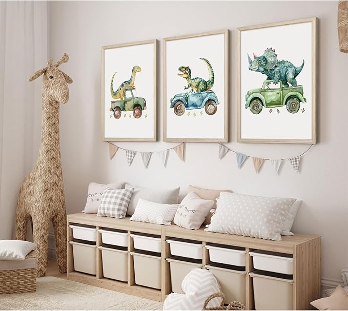 Dinosaur Nursery Wall Art Kids Canvas Poster Baby Boy Nursery Wall Decor Green Dino Pictures Toddler Prints Cartoon Dino Car Painting Boys Room Artwork for Bedroom Bathroom 12x16x3 Inch White Framed