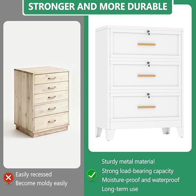 Metal Lateral File Cabinet with Lock,3 Drawer Steel Wide Filing Organization Storage Cabinets,Filing Cabinet for Legal/Letter/A4/F4 Size with Hanging Files&Key,Lockable Cabinets for Home Office,White