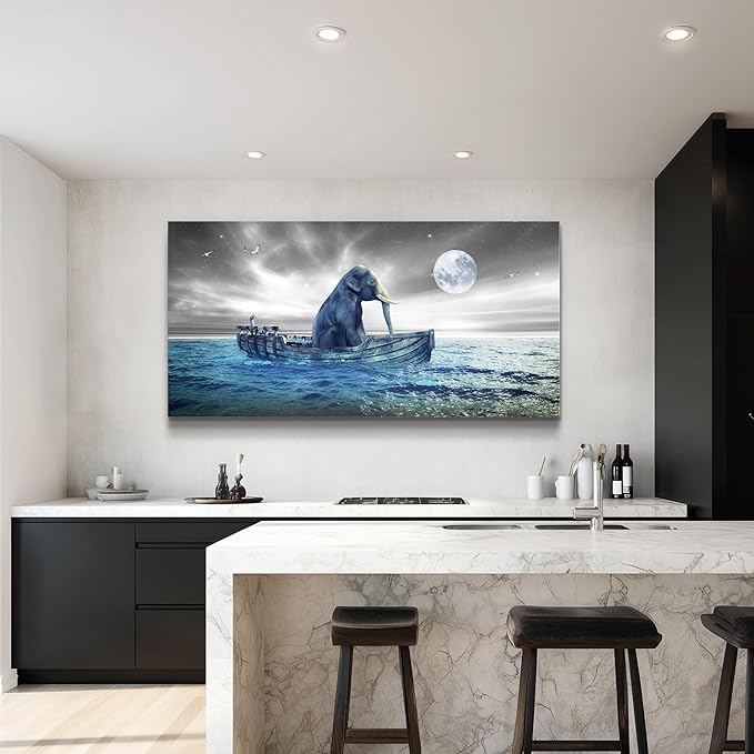 MHARTK66 Moon Beach Wall Art Prints- Modern Large Coastal Landscape Canvas Bedroom Blue Ocean Picture Relaxing Living Room Sea Scene Painting Elephant Boat Seascape Artwork Bathroom Office Home Decor
