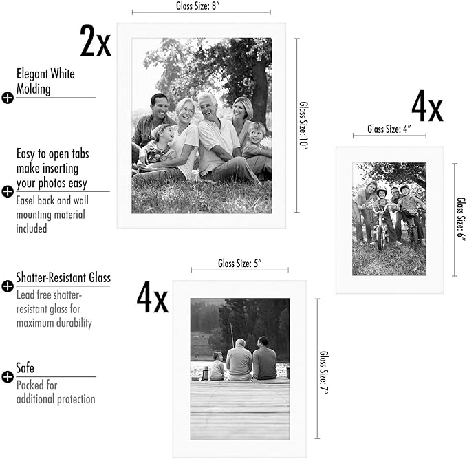 Americanflat Set of 10 Picture Frames with Shatter-Resistant Glass - Gallery Wall Frame Set with Two 8x10, Four 5x7 and Four 4x6 Frames - Signature Collection - White