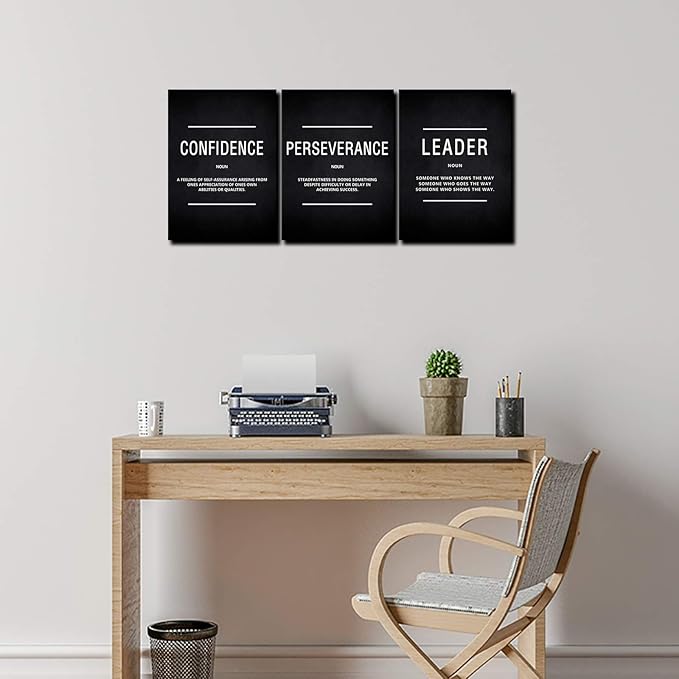 KAWAHONE Motivation Wall Poster Framed, Inspirational Leader Confidence Perseverance Quotes Canvas Wall Art Positive Picture Background Success Wall Hanging for Home Office Workplace 12" Wx16 Hx3Pcs