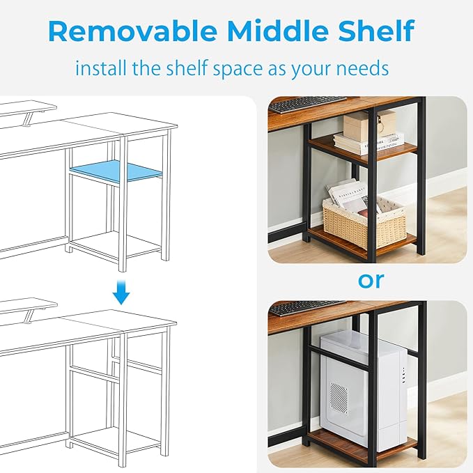 GreenForest Computer Desk with Monitor Stand,47 inch Home Office Desk with Reversible Storage Shelves Modern Writing Study Work Table,Easy Assembly,Walnut