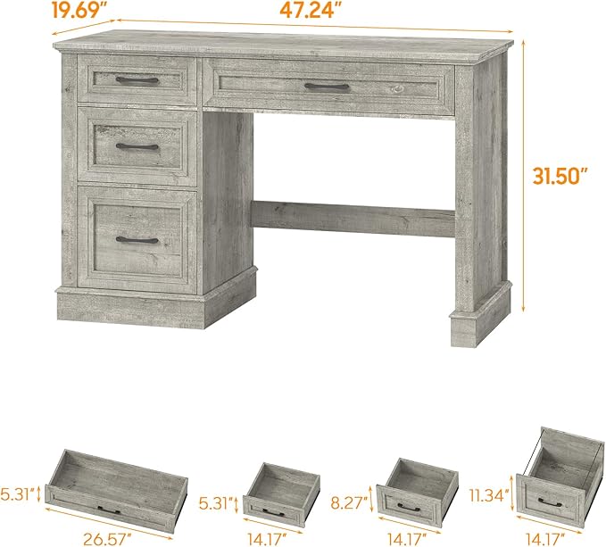 Farmhouse 47" Executive Desk with 3 Drawers and Adjustable File Drawer, Workspace for Home Office and Study, Grey.