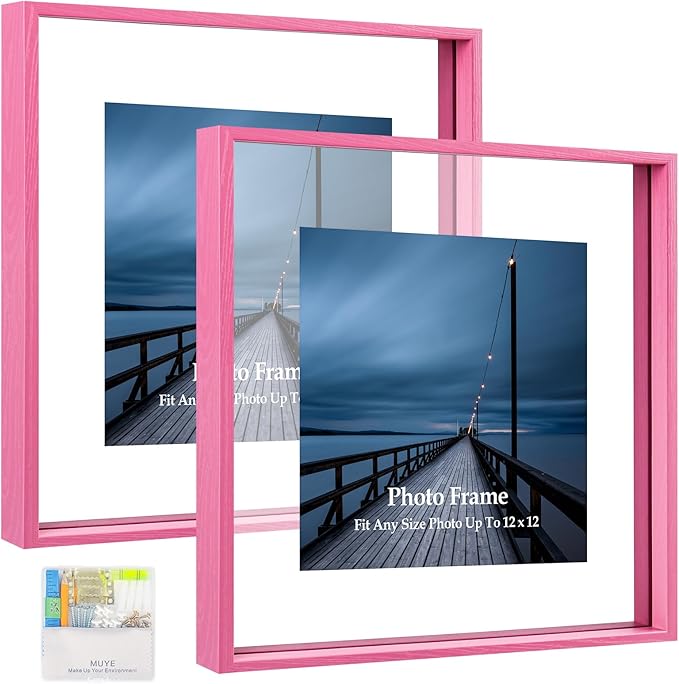 MUYE 12x12 Floating Frame Set of 2,Double Real Glass Square Photo Frame,Display Any Size Photo up to 12x12,Wall Mount or Tabletop Standing,Pink