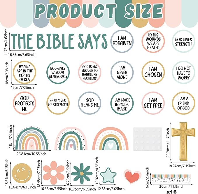 Christian Bulletin Board Decorations Set Inspirational Bulletin Board Set Motivational Boho Rainbow Bible Verse Paper Cutouts Decorations for Classroom Sunday School VBS Home Church Supplies