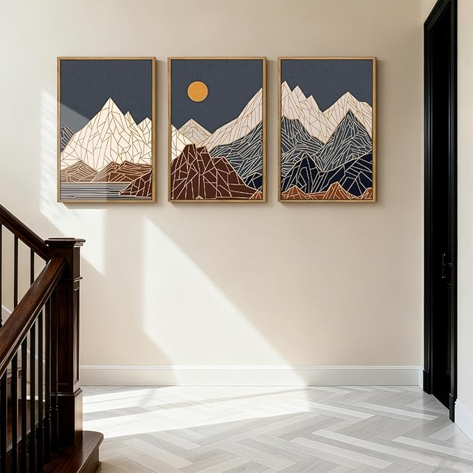 ANHUIB Farmhouse Mountain Wall Art Geometric Mountain Range Wood Wall Decor for Living Room Bedroom Office 16x24 Inch Set of 3