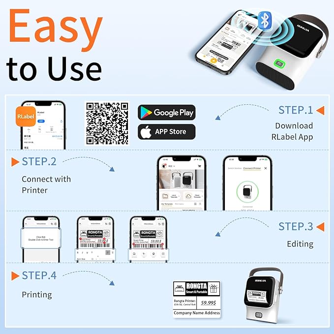 Rongta 2 Inch Label Maker Machine with Tape, Thermal Label Printer Easy Use for Office, Home, Business, 2'' x1.18'' Labels-260pcs/Roll, R22+Tape