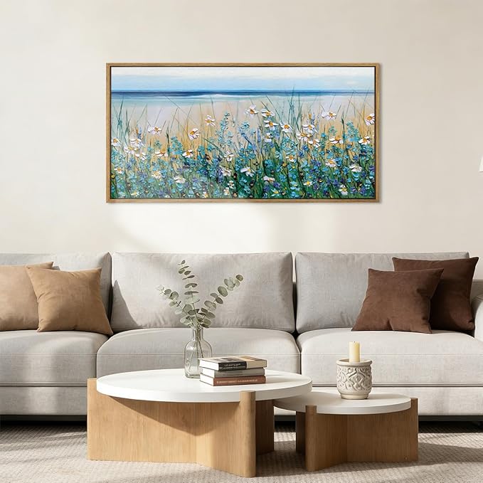 BINCUE Large Blue Seaside Floral Framed Wall Art,Nature Blue Flower Canvas Wall Decor,Wildflower Artwork Blossom Botanical,Flower Sea Landscape Daisy Paingting for Living Room Bedroom Home 20''x40''