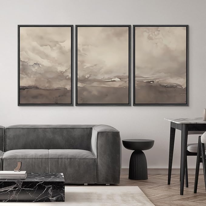 SIGNWIN Framed Canvas Print Wall Art Set Neutral Cloudy Sky Landscape Soft Beige and Taupe Illustrations Modern Art Decorative Boho Relax/Zen Nordic for Living Room, Bedroom, Office - 16"x24"x3 Black