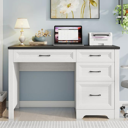 Farmhouse Executive Desk with Drawers, Wood Computer Desk with Ample File Drawer, Rustic Home Office Desk with Storage for Bedroom, Living Room, Black