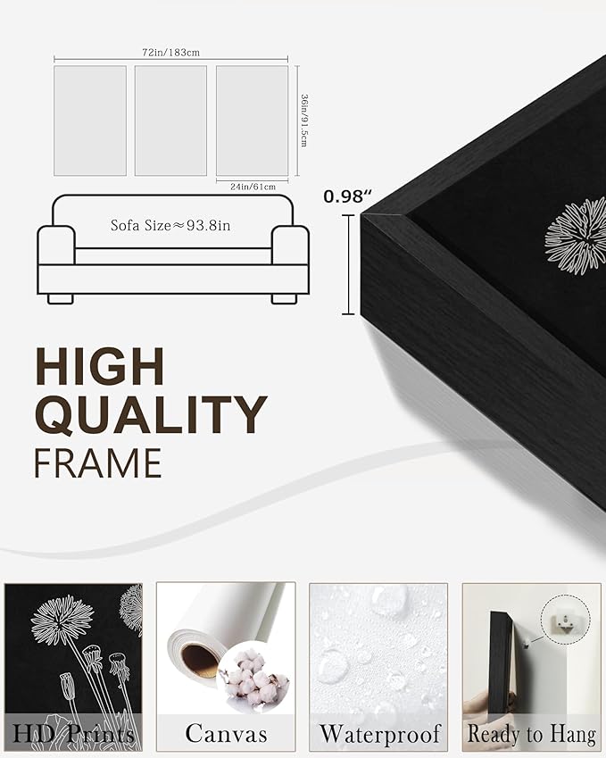 Drsoum Black White Flower Wall Art Vintage Minimalist Floral Wall Hanging Decor Bohemain Botanical Prints Artwork for Bedroom Living Room Hallway 24x36in Black Framed