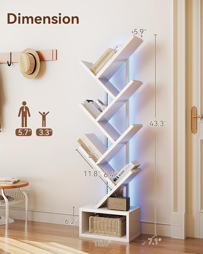 Casaottima Tree Bookshelf with LED Lights, 6-Tier Narrow Bookcase for Small Spaces, Tall Steel & Wood Storage Shelf with Cabinet, Home Decor & Organizer for Living Room/Bedroom/Home Office, White