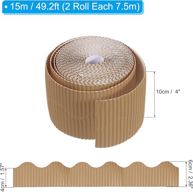 PATIKIL 3.9inch x 49.2ft Bulletin Board Border, Scalloped Trim Paper Corrugated Paper for Locker Classroom Decor Black White Cork Poster Boards, Light Brown
