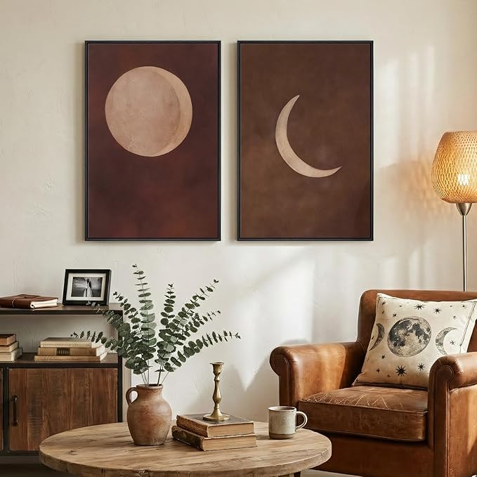 Framed Boho Moon Phase Wall Art Set of 2 for Living Room, Neutral Brown Abstract Minimalist Canvas Artwork for Walls, Bohemian Lunar Celestial Painting Print for Bedroom Hallway Wall Decor, 16x24 Inch