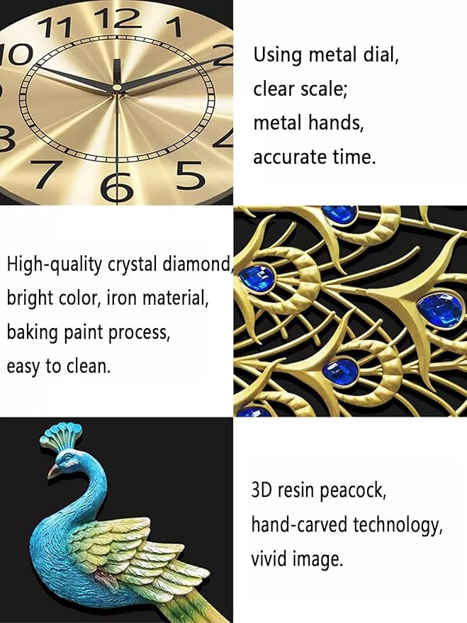 Wall Clock Metal Peacock Wall Clock for Living Room Decor, Silent Movement Office Bedroom Clock, Modern Iron ation Quartz Clock Clock