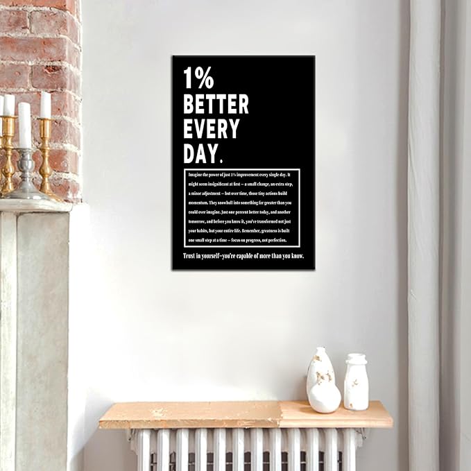 Motivational Wall Art 1% Better Every Day Inspirational Office Decor Framed Canvas Print Small Workout Poster for Home Gym Growth Mindset Sign Positive Daily Affirmation Decor [12''Wx18''H]