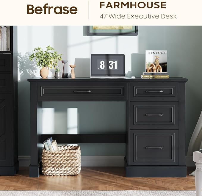 Farmhouse 47" Executive Desk with 4 Drawers, Computer Desk with File Drawer, Workstation for Study, Home Office, Writing, Pure Black.