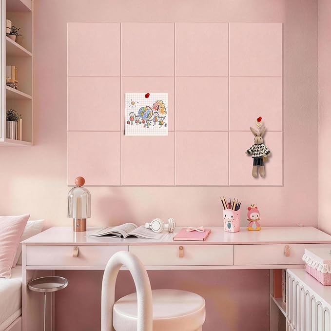 MISSDAY Pink Acoustic Wall Panel Felt Bulletin Board 48" x 36" Cork Board for Wall, 12-Pack Boards with 72 Removable Adhesive Tabs, 50 Pins, Pin Board for Home Office Classroom Soundproof Wall Tile