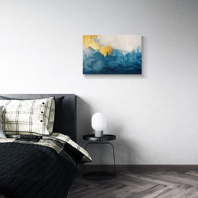 gaosoul Modern Canvas Wall Art Blue Gold Leaf Abstract Painting Prints Minimalism White and Light Blue Tranquility Poster for Living Room Bedroom Office Decor Framed 24x16in