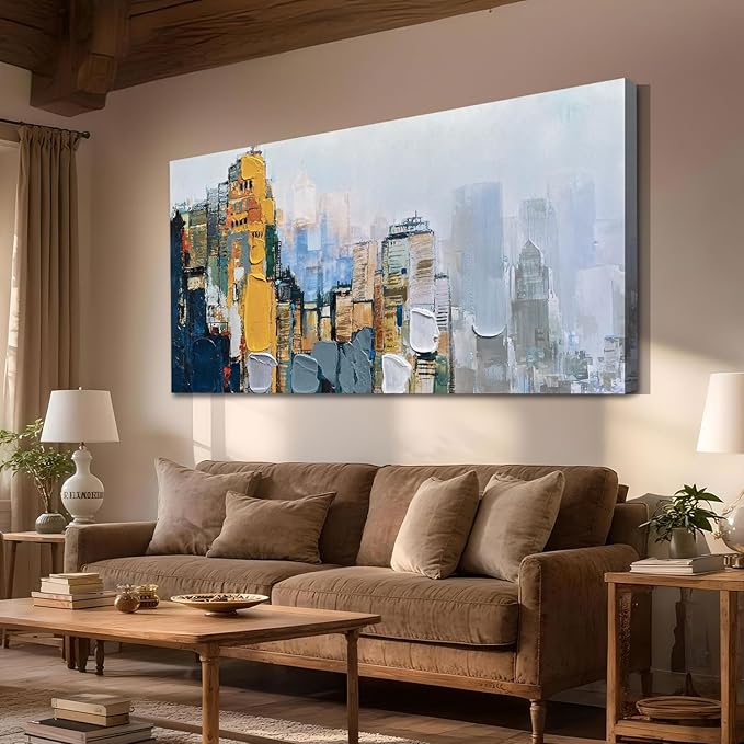 Arjun Neutral Wall Art Painting Abstract Art Wall Decor Canvas, Large Textured Skyline for Living Room Gold Painting Modern Wall Art for Men Bedroom Cityscape Artwork Home Office Wall Decor, 40"x20"