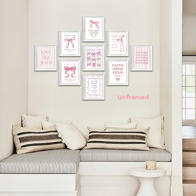 Pink Bow Jesus Bible Canvas Wall Art Set of 9, Coquette Trendy Preppy Aesthetic Girl Posters Prints Wall Decor, Christian scripture Lovers Gifts for Home Decor Living Room Bedroom 8x10In Unframed