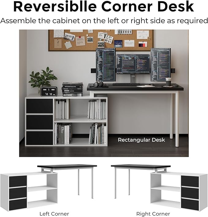 L Shape Small Desk - Computer Corner Desk with 3 Drawers and 2 Shelves, 53 inch Home Office Table with Storage Cabinet for Gaming Writing Study, White+Black