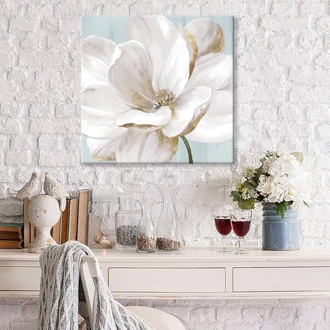 SEVEN WALL ARTS White Magnolia Wall Art Flower Artwork Floral Canvas Painting Vintage Nature Botanical Painting Modern Farmhouse Wall Decor for Bedroom Living Room Bathroom Office 24"x24"