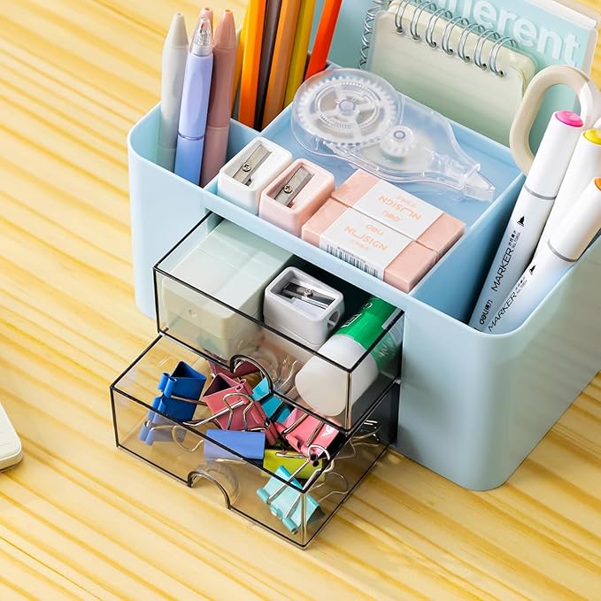 Creative & Simple Desk Organiser, 7 Grids, Plastic Table Organiser with Drawer, Multifunctional Desk Organiser, Pen Holder for School, Office, Home (Blue)