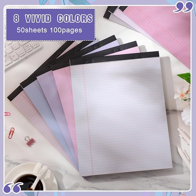 Fuutreo 8 Pcs 8.5'' x 11'' Colored Legal Pad 50 Sheets Per Writing Pads Narrow Ruled Notepad Perforated Writing Notepad Office Supplies for College Office Business (Taro Color)