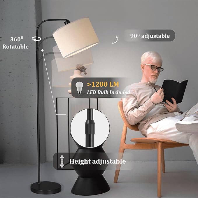 Black Floor Lamp with Remote Control, 1200 Lumens Adjustable Height Arc Floor Lamps for Living Room, Black Standing Lamp Dimmable for Bedroom, Office, LED Smart Bulb Included