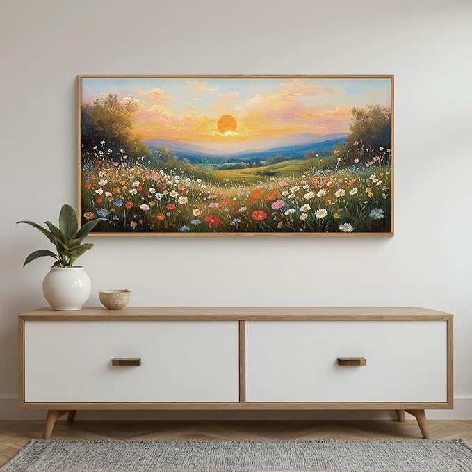 HOURIA Watercolor Spring Floral Meadow Landscape Framed Canvas Wall Art Set,Boho Vibrant Colorful Wildflower Decor,Modern Sunset Nature Inspired Scenery Artwork for Living Room,Bedroom,Farmhouse-20"x40"x1
