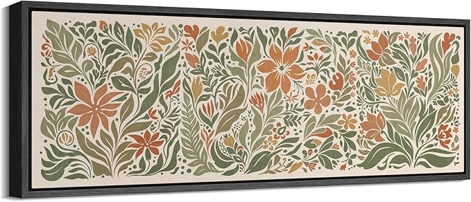 SIGNFORD Large Framed Canvas Folk Floral Garden in Earth Tones Illustrations Modern Art Calm Warm for Living Room, Bedroom, Office - 60"x20"