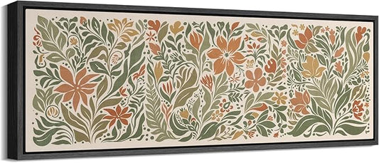 SIGNFORD Large Framed Canvas Folk Floral Garden in Earth Tones Illustrations Modern Art Calm Warm for Living Room, Bedroom, Office - 60"x20"