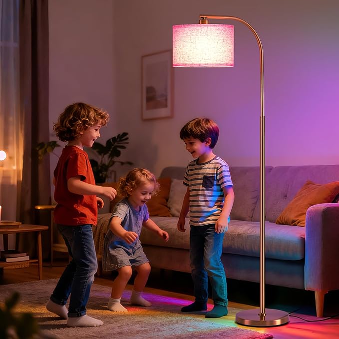 Floor Lamp for Living Room with Remote,Dimmable Tall Standing Lamps,Modern Gold Floor Light with Smart RGB Bulb,App Control,3 Color Temperatures,Fabric Shades,Floor Lamp for Bedroom Office Corner