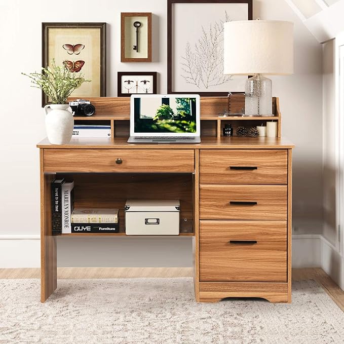 Catrimown Computer Desk with 4 Drawers and Hutch, Home Office Desk with File Drawer, 44” Rustic Oak Wood Desk, Study Table for Bedroom, Rustic Oak