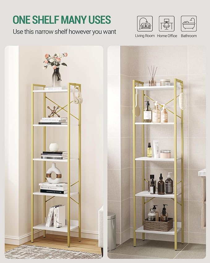 Bookshelf, Book Shelf, Industrial Bookcase with 2 Hooks, Coner Shelf Storage Organizer for Home Office, Living Room, Bedroom, Kitchen, 5-Tier White Gold BC10513G