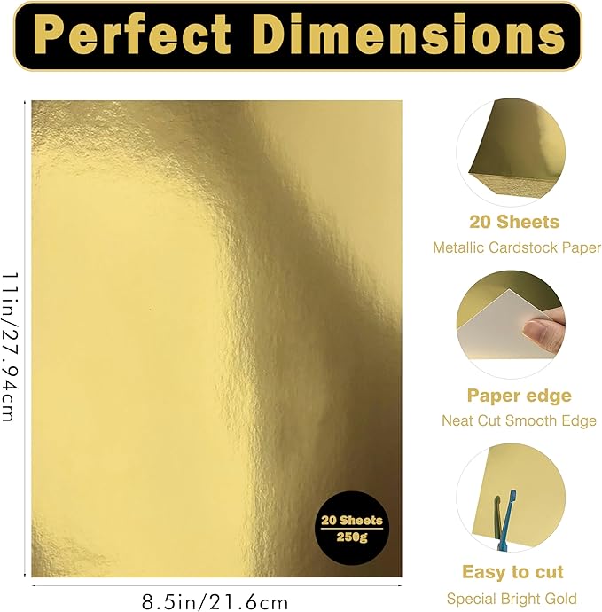 Gold Cardstock Paper 8.5x11 inch, 20 Sheets Premium 92lb/250GSM Metallic Mirror Finish for Wedding Invitations, Card Making, Certificates, Scrapbooking, Party Decorations ﻿
