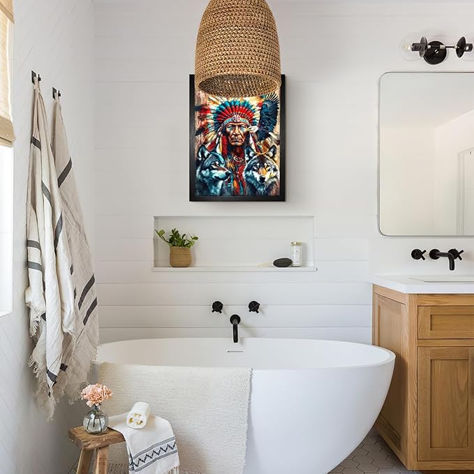 Native American Wall Art Indian Man and Eagle Wolf Pictures Wall Decor Black Framed Southwestern Indian Wall Art Canvas Print Artwork for Living Room Bedroom Home Decor 12×16 Inch
