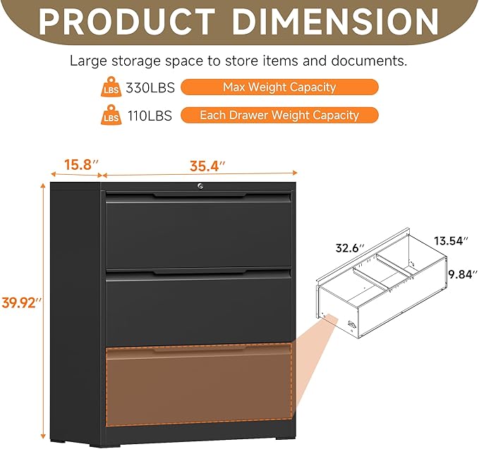 Coolsun Metal File Cabinet with Lock, 3 Drawer File Cabinet for Home Office, Lockable Lateral Filing Cabinet for A4/F4/Lagel/Letter (Black, 3 Drawer Lateral)