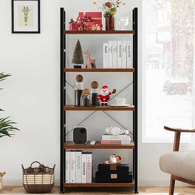 DUMOS 5 Tiers Bookshelf, Classical Book Shelf, Tall Display Shelves in Living Room/Home/Office, Storage Organizer for CDs/Books/Movies, Modern Black