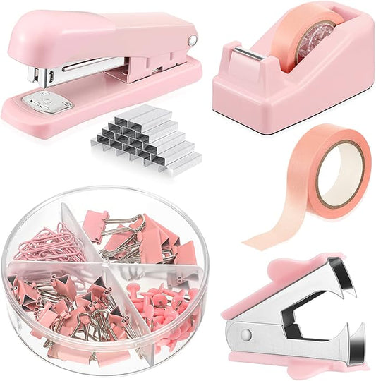 Sabary Office Supplies Set Desk Accessory Kit Include Stapler, Staples, Staple Remover, Tape Dispenser, 22 Binder Clips, 30 Paper Clips, 20 Push Pins, 2 Rolls Tape, for Women (Pink)
