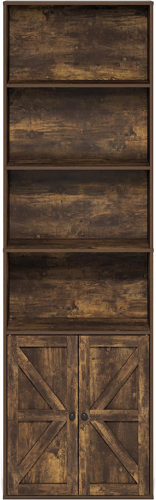 Furinno Jensen Book Shelf, 6-Tier Farmhouse Bookshelf, Display Bookcase with Doors, 9.2" x 21.6" x 71.2", for Organization and Storage, for Living Room, Bedroom, Home Office, Amber Pine