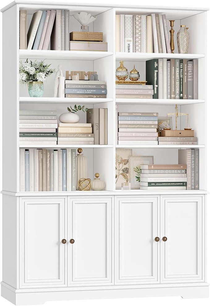 FINETONES 73" White Bookshelf with Doors, 6 Tier Tall Bookshelf Double Wide Bookcases and Bookshelves with Storage, Large Display Cabinets for Home Office,Living Room, Library