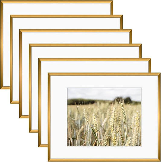 Golden State Art, Gallery Wall Frame Set of 6 - Bronze 11x14 Aluminum Photo Frames with Mat for 8x10 Pictures - 11 x 14 inch Metal Frame with Real Glass Cover - Elegant Home or Office Decor