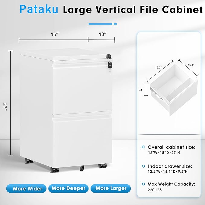 Pataku 2 Drawer File Cabinet, Small File Cabinets with Lock, Metal Rolling Filing Cabinet with 2 Drawer, Filing Cabinets for Home Office Fit A4/Letter/Legal, Easy Assembled, White